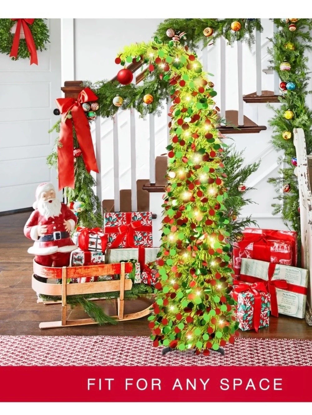 Grinch Tree 5ft Pencil Christmas Tree, Collapsible Xmas Tree with Lights